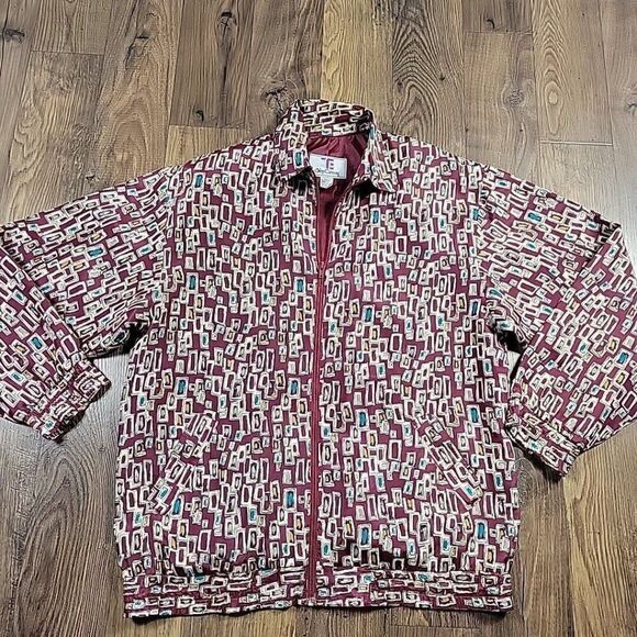 Oleg Cassini Shirt Jacket Womens Large Burgundy Geometric 100% Silk Full Zip - Picture 1 of 8